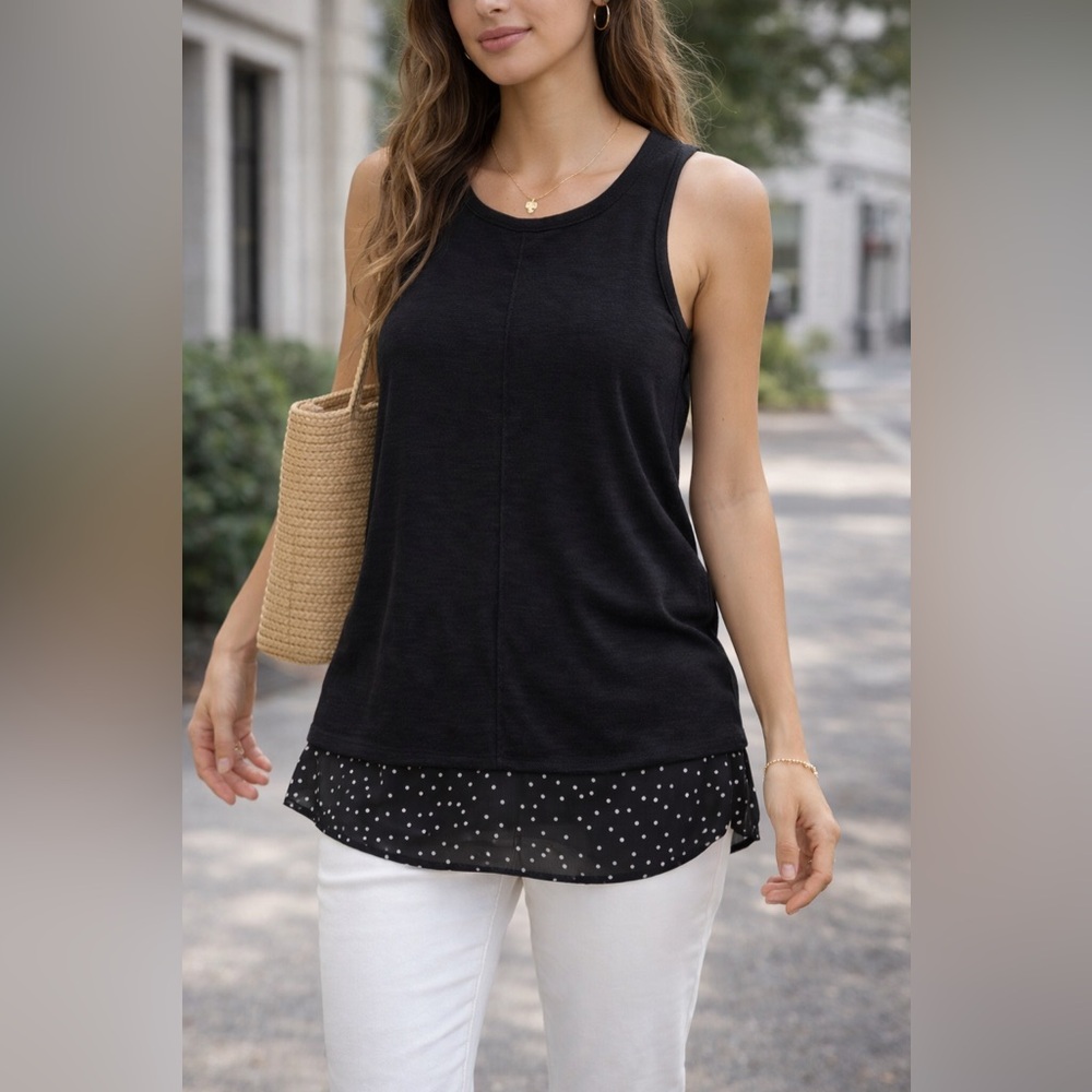 J.Crew Black Sleeveless Tank Top Polka Dot Hem Keyhole Back Size M - Picture 10 of 10
